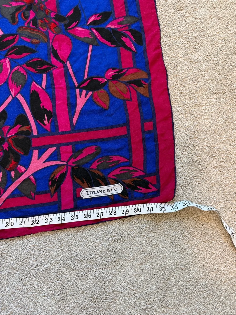 Tiffany & Co. Blue and Pink Floral Silk Scarf with Navy Accents